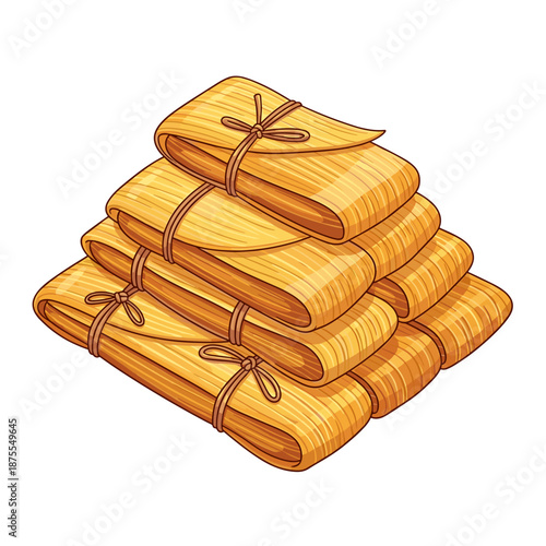 Stack of Wrapped Mexican Tamales Ready to Eat Vector Illustration on White Background