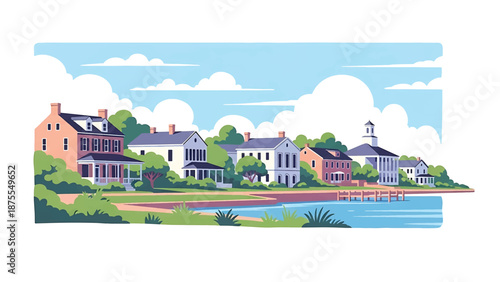 Flat vector illustration of a Charleston-inspired city view with historic-style low-rise buildings, coastal greenery and calm waterfront, rendered in solid flat colors