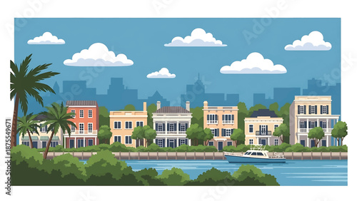 Flat vector illustration of a Charleston-inspired city view with historic-style low-rise buildings, coastal greenery and calm waterfront, rendered in solid flat colors