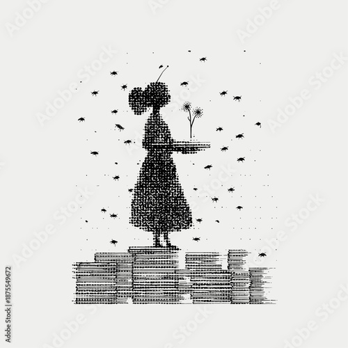 Silhouette of a Woman Carrying a Tray of Fruits