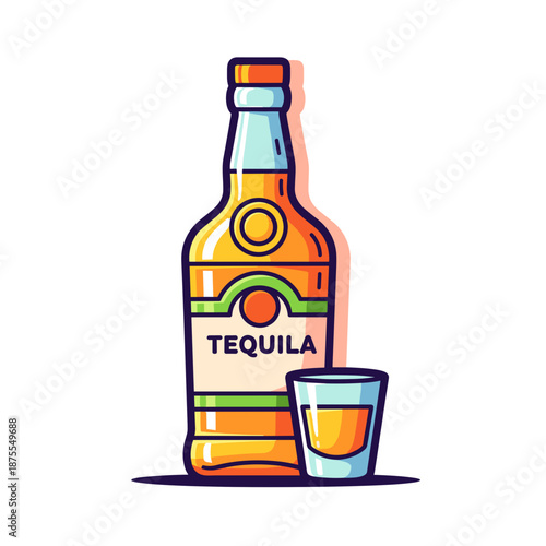 Cartoon Tequila Bottle and Shot Glass Illustration on White Background
