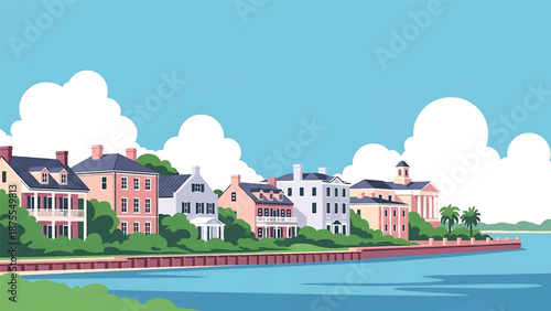 Flat vector illustration of a Charleston-inspired city view with historic-style low-rise buildings, coastal greenery and calm waterfront, rendered in solid flat colors