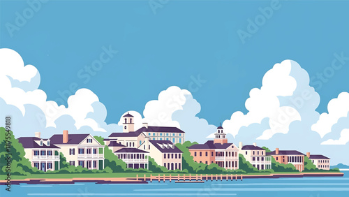 Flat vector illustration of a Charleston-inspired city view with historic-style low-rise buildings, coastal greenery and calm waterfront, rendered in solid flat colors
