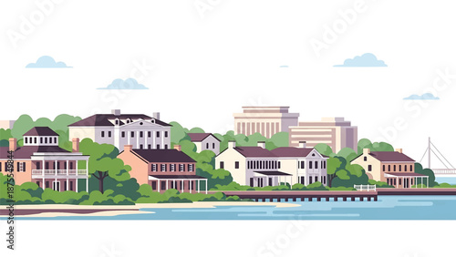 Flat vector illustration of a Charleston-inspired city view with historic-style low-rise buildings, coastal greenery and calm waterfront, rendered in solid flat colors