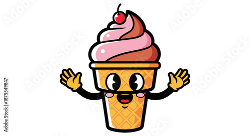 Happy Retro Cartoon Ice Cream Character with Two Scoops and Hands Vector