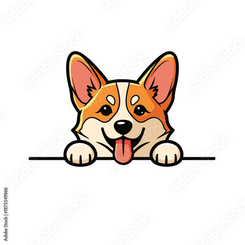 Cute Corgi Dog Peeking Over a Horizontal Border Illustration with Tongue Out