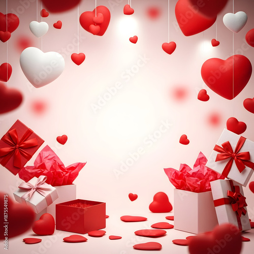 Valentine's Day Display: An artistic presentation of love's symbols – heart-shaped elements, gifts, all carefully arranged with a soft, romantic touch.
