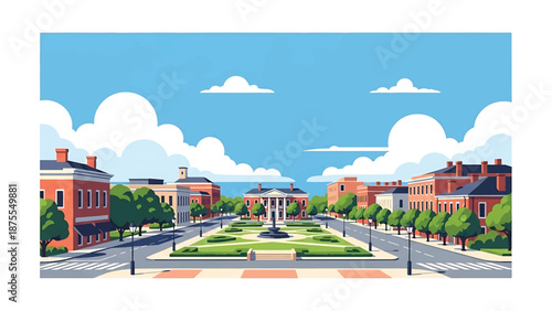 Flat vector illustration of a Savannah-style cityscape with tree-lined streets, public squares and historic urban blocks, clean flat vector style in solid colors