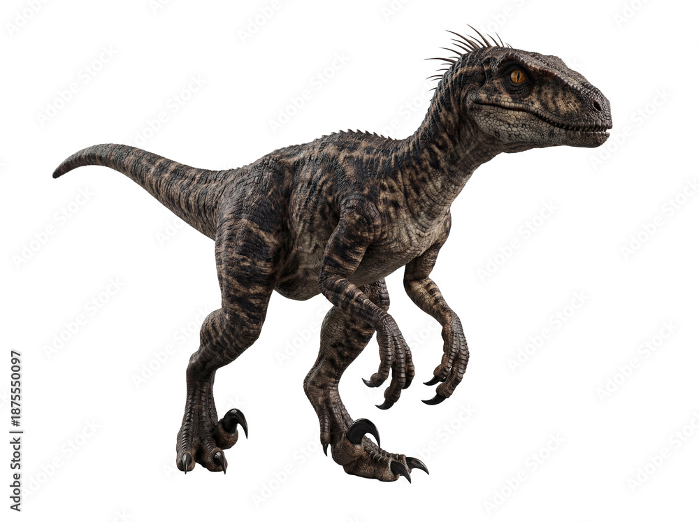 Obraz premium A close-up of a Velociraptor dinosaur, with detailed scales and a fierce gaze. The dinosaur stands with a powerful stance, showcasing its sharp claws and predatory nature