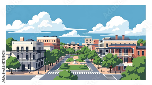 Flat vector illustration of a Savannah-style cityscape with tree-lined streets, public squares and historic urban blocks, clean flat vector style in solid colors