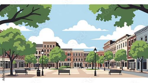 Flat vector illustration of a Savannah-style cityscape with tree-lined streets, public squares and historic urban blocks, clean flat vector style in solid colors