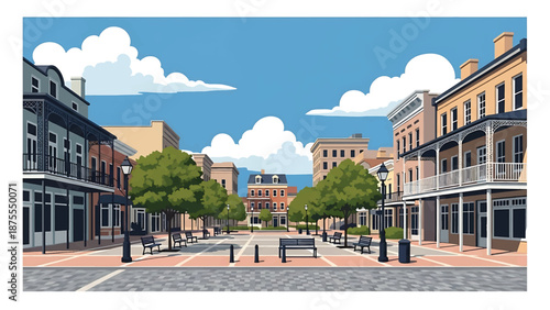 Flat vector illustration of a Savannah-style cityscape with tree-lined streets, public squares and historic urban blocks, clean flat vector style in solid colors