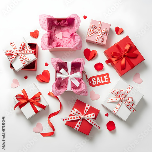 A Collection of Festive Gifts: Assortment of beautifully wrapped gift boxes and heart-shaped decorations in an overhead view, evokes feelings of joy and celebration, perfect for various occasions. 