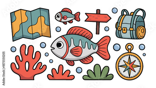 Underwater Adventure: A captivating illustration showcases an assortment of items, suggesting an exploration theme including detailed map and charming sea creatures.
