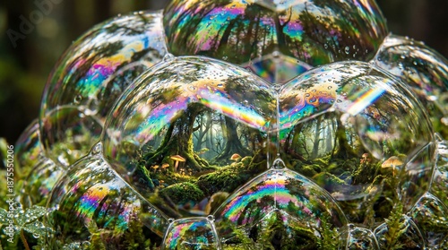 Macro Photography Colorful Soap Bubbles Reflection Dreamlike Forest Vibrant Refraction Intense Details