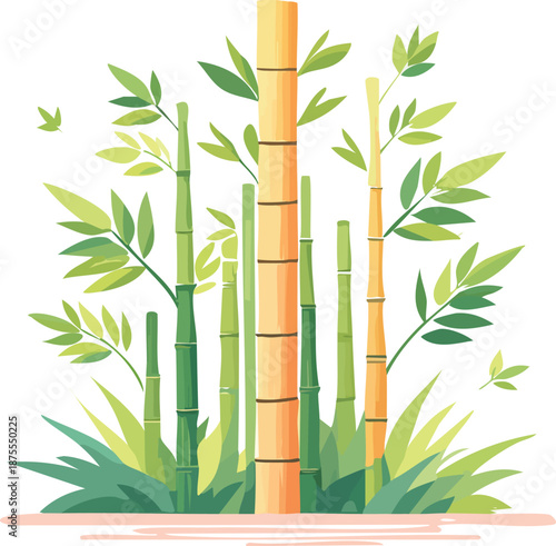 Bamboo plants swaying gently in the tropical forest, serene illustration from a frontal viewpoint