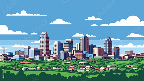 Flat vector illustration of a Raleigh-inspired skyline with modern mid-rise buildings, surrounding green spaces and suburban-urban balance in clean solid flat colors
