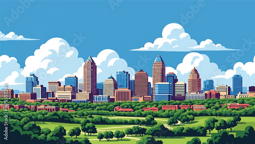 Flat vector illustration of a Raleigh-inspired skyline with modern mid-rise buildings, surrounding green spaces and suburban-urban balance in clean solid flat colors