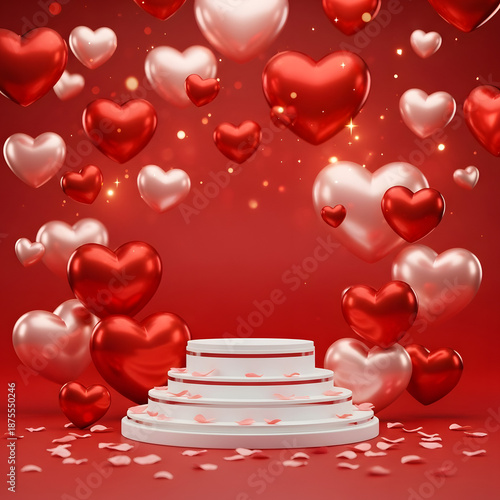 Love's Stage: A romantic scene filled with red and pink hearts floating around a white platform stage, symbolizing the beauty of love.