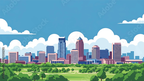 Flat vector illustration of a Raleigh-inspired skyline with modern mid-rise buildings, surrounding green spaces and suburban-urban balance in clean solid flat colors