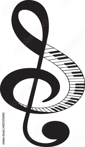 Treble clef symbol is creatively merged with piano keys representing harmony and music in simple elegant design.