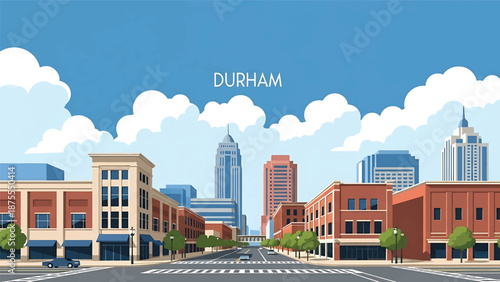Flat vector illustration of a Durham-style city view with compact downtown blocks, creative district feel and pedestrian-friendly streets in solid flat vector colors