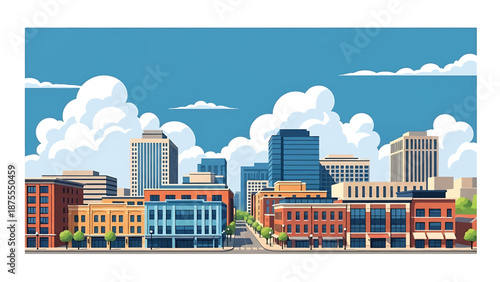 Flat vector illustration of a Durham-style city view with compact downtown blocks, creative district feel and pedestrian-friendly streets in solid flat vector colors