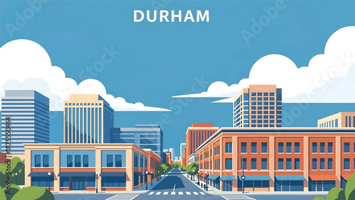 Flat vector illustration of a Durham-style city view with compact downtown blocks, creative district feel and pedestrian-friendly streets in solid flat vector colors