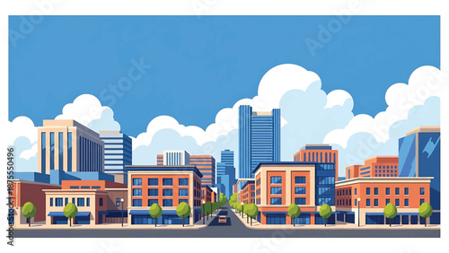 Flat vector illustration of a Durham-style city view with compact downtown blocks, creative district feel and pedestrian-friendly streets in solid flat vector colors