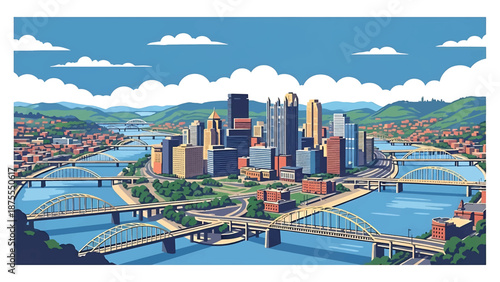 Flat vector illustration of a Pittsburgh-inspired cityscape with converging rivers, geometric bridges and hillside urban layout, clean flat vector style with solid colors