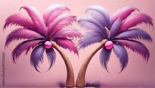 A Cartoon Style Illustration Depicts Two Vibrant Palm Trees With Pink Trunks Purple Leaves And Round Coconuts On A Soft Pink Background The Trees Lean Towards Each Other