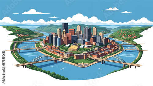 Flat vector illustration of a Pittsburgh-inspired cityscape with converging rivers, geometric bridges and hillside urban layout, clean flat vector style with solid colors