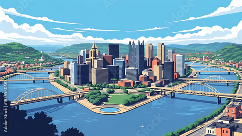 Flat vector illustration of a Pittsburgh-inspired cityscape with converging rivers, geometric bridges and hillside urban layout, clean flat vector style with solid colors