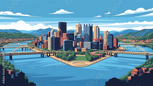 Flat vector illustration of a Pittsburgh-inspired cityscape with converging rivers, geometric bridges and hillside urban layout, clean flat vector style with solid colors