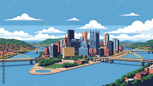 Flat vector illustration of a Pittsburgh-inspired cityscape with converging rivers, geometric bridges and hillside urban layout, clean flat vector style with solid colors