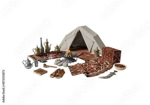 Traditional Arabic coffee pot dallah and cultural items png on transparent background