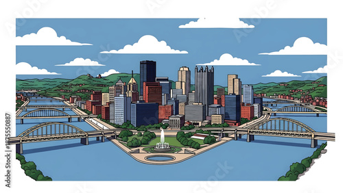 Flat vector illustration of a Pittsburgh-inspired cityscape with converging rivers, geometric bridges and hillside urban layout, clean flat vector style with solid colors