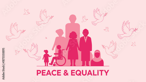 Diverse group of people with disability standing together in peace and harmony with doves