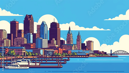 flat vector illustration of a Buffalo-style skyline with waterfront docks, compact urban buildings and wide lake horizon, clean flat vector design in solid colors