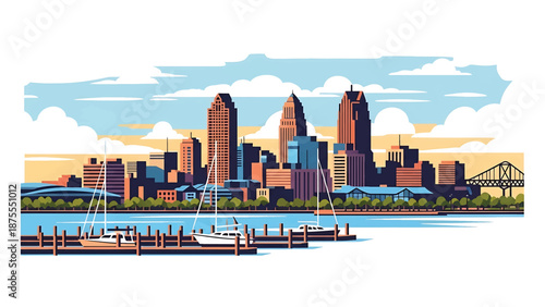 flat vector illustration of a Buffalo-style skyline with waterfront docks, compact urban buildings and wide lake horizon, clean flat vector design in solid colors