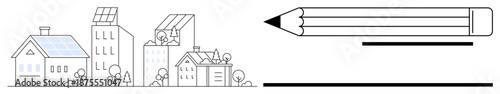 Sustainable living, renewable energy, eco-friendly initiatives, modern architecture, creative design, urban planning. Line art of buildings with solar panels and a pencil. Highlights sustainable