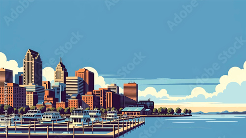 flat vector illustration of a Buffalo-style skyline with waterfront docks, compact urban buildings and wide lake horizon, clean flat vector design in solid colors