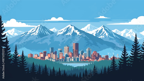 Flat vector illustration of an Anchorage-inspired city view with compact skyline, evergreen trees and snow-capped mountains in the background, clean flat vector style