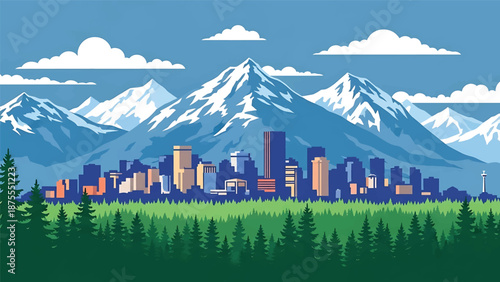 Flat vector illustration of an Anchorage-inspired city view with compact skyline, evergreen trees and snow-capped mountains in the background, clean flat vector style