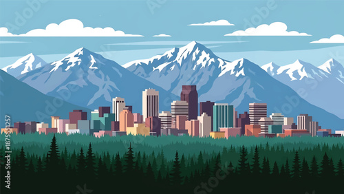 Flat vector illustration of an Anchorage-inspired city view with compact skyline, evergreen trees and snow-capped mountains in the background, clean flat vector style
