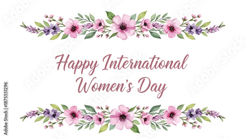 Happy international women's day floral greeting card with pink flowers and leaves on white background