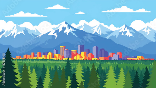 Flat vector illustration of an Anchorage-inspired city view with compact skyline, evergreen trees and snow-capped mountains in the background, clean flat vector style