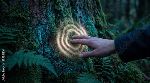 Human Hand Touching Soft Glowing Moss Wall with Bioluminescent Light Ripple Texture