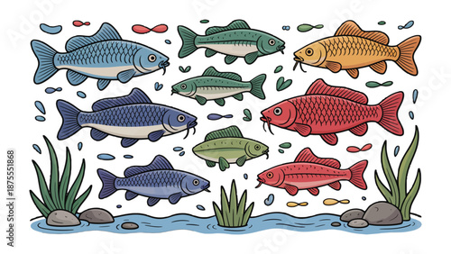 Underwater Symphony: A colorful arrangement of koi fish gracefully navigate a tranquil aquatic environment. A symphony of aquatic life unfolds.