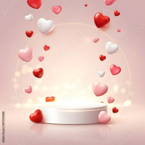 Love's Embrace: Floating hearts gently cascade around a pristine, illuminated pedestal. The scene embodies warmth, affection, and celebration. 